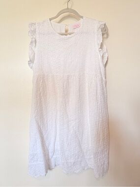 Pink Lily White Eyelet Midi Dress with Ruffle Cap Sleeves